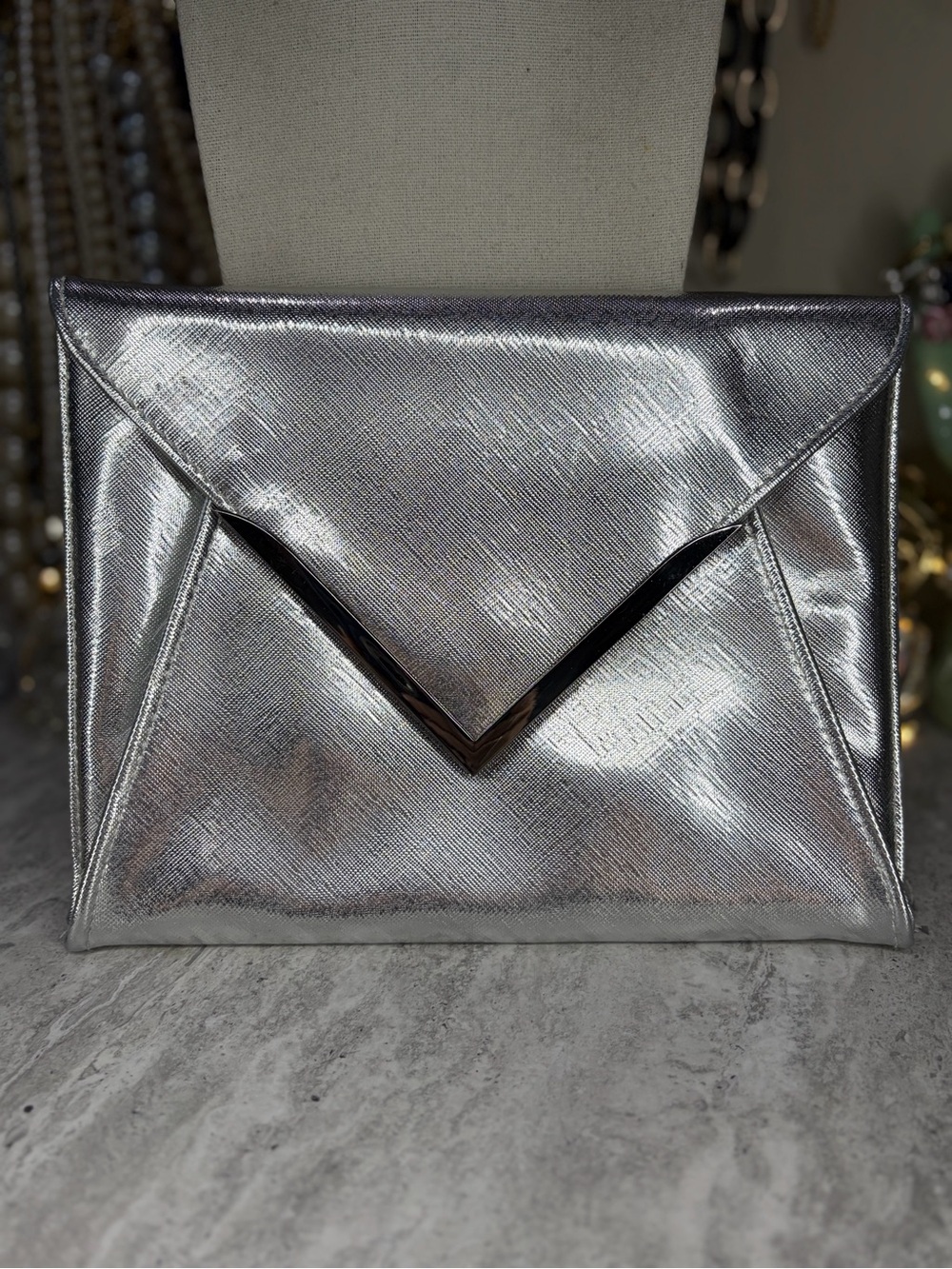 La Prairie Switzerland Silver Envelope Clutch Metallic Bag Purse Wallet